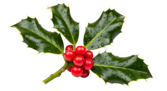 A single sprig of holly with green leaves and red berries