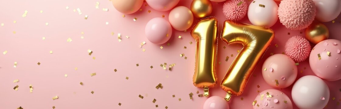 Golden number 17 balloons float with pastel pink and peach spheres and decorative pompoms. Confetti rains down on soft pastel background. Festive birthday surprise for a sweet seventeen celebration.