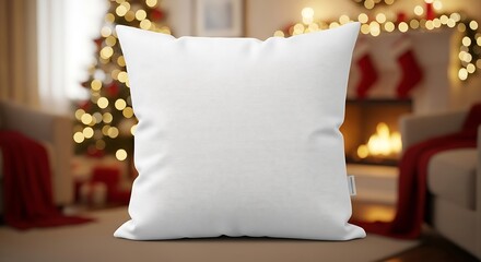 A blank white pillow sits in front of a festive, out-of-focus Christmas-decorated living room.
