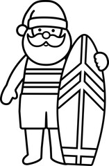 Beach Santa Claus outline vector illustration.
Summer Santa line art Christmas design.
Tropical Christmas Santa Claus drawing.
Santa Claus with a surfboard.