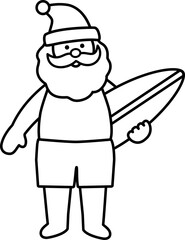 Beach Santa Claus outline vector illustration.
Summer Santa line art Christmas design.
Tropical Christmas Santa Claus drawing.
Santa Claus with a surfboard.
