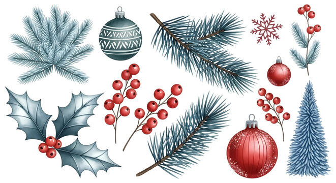 Collection of christmas ornaments, pine branches, holly berries, and a fir tree - Powered by Adobe
