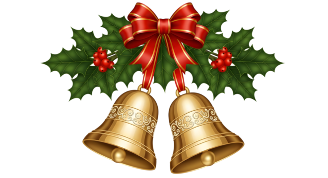Golden christmas bells with red ribbon and holly leaves