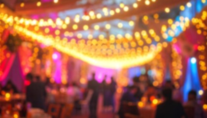 Warm bokeh light background from festive indoor gathering, soft blurred illumination symbolizing celebration, luxury ambiance, romantic evening event, and elegant dining atmosphere with dreamy glowing