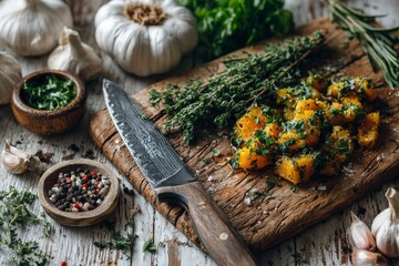 Farmhouse-style food arrangement featuring roasted squash and herbs on rustic wood, ideal for autumn recipes, healthy eating, and organic cooking promotions