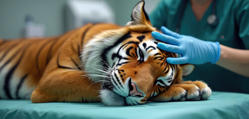 Large tiger receiving medical attention at veterinary hospital. Vet in gloves gently examines sedated wild animal on table. Big cat gets pro health care, treatment, showing wildlife conservation,