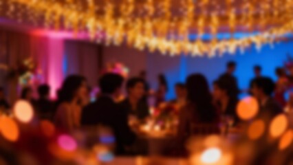 Abstract blurred festive lights in soft focus creating elegant and warm atmosphere for night celebration, luxury event, or romantic dining setup with glowing bokeh illumination and dreamy decorative