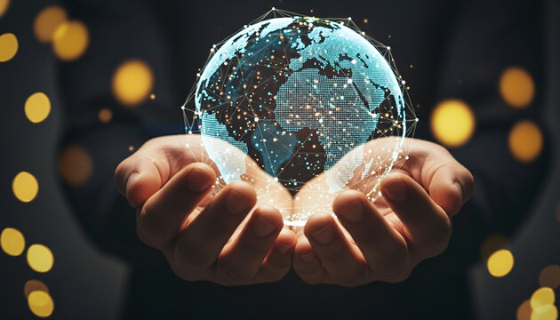 Hands holding a glowing digital globe with bokeh lights in the background - Powered by Adobe