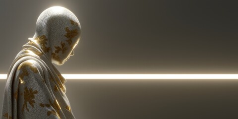 Minimalist futuristic android in toga-inspired gold-accented wrap symbolizes advanced technology and modern design trends for innovation branding