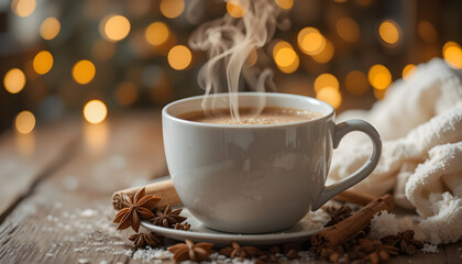 Obraz premium Hot Coffee with Cinnamon and Fairy Lights