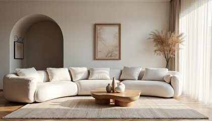 Fototapeta premium Modern living room interior with white sofa and wooden coffee table on carpet. Minimalist design features arch wall, framed art and pampas grass in vase near window with curtains.