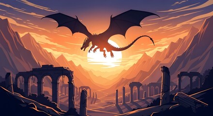 Epic Dragon Silhouette Flying Over Ancient Temple Ruins in a Mountain Valley at Sunset or Sunrise Landscape