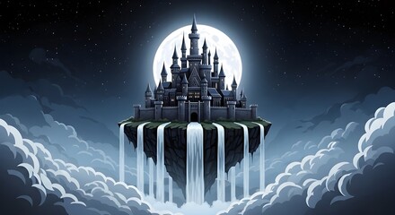 Dark Medieval Castle Floating on an Island Above Clouds with Waterfalls Against a Full Moon and Starry Night Sky