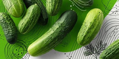 Fresh cucumbers arranged on green and white abstract background with playful black line art, ideal for healthy lifestyle or food marketing visuals