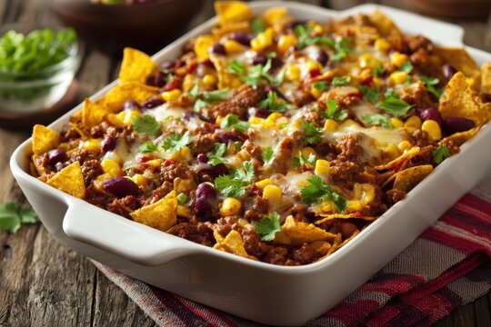 Savory Frito Pie: A Rustic Dish of Minced Beef, Cheese, Corn, and Crunchy Chips in a Golden Baking Dish