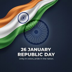 Indian flag waving with Ashoka Chakra and Republic Day text january