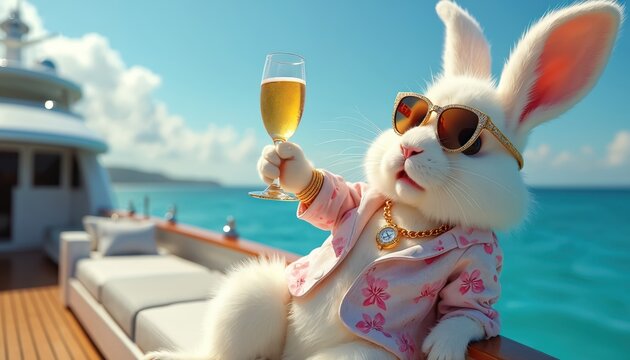 White rabbit wears sunglasses and jewelry, holds champagne glass on luxury yacht. Animal relaxes, enjoys ocean view with tropical island background. Leisure time, summer vacation aboard private boat.