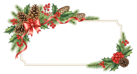 Christmas garland with pine cones, holly berries, and red ribbon forming a decorative border with a blank space for text