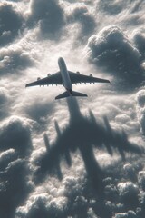 Commercial jet flying high above clouds with sunlight streaming through, symbolizing global travel, freedom, and modern transportation
