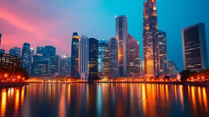 Daily office cleaning routine, urban skyline with illuminated skyscrapers at dusk.