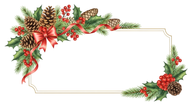 Christmas garland with pine cones, holly berries, and red ribbon forming a decorative border with a blank space for text