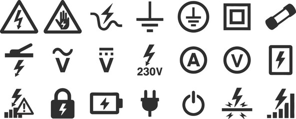 electricity warning, stop hand, lightning bolt, ground symbol, earth symbol, square, fuse, plug, wave, voltage, ampere, volt, 230V, signal strength, lock, battery, power button, spark, graph, electric