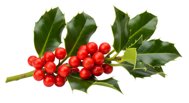 A sprig of holly with vibrant red berries and glossy green leaves