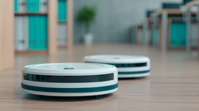 Daily office cleaning routine, robotic vacuum cleaners in modern workspace. - Powered by Adobe
