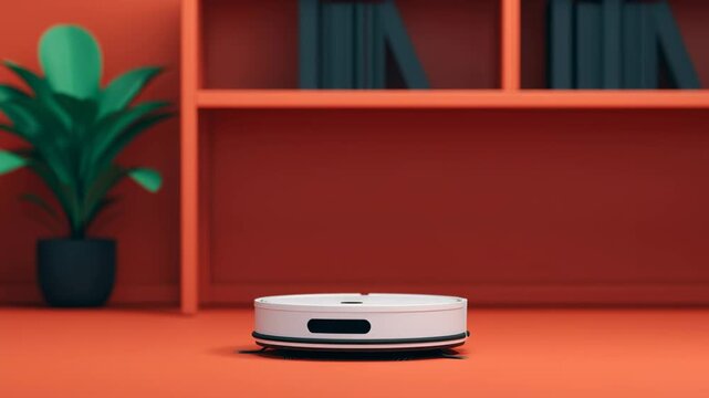 Daily office cleaning routine, robotic vacuum cleaners in modern workspace.