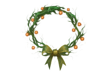 Christmas wreath with green vines, golden bow, and glowing festive lights against a transparent background