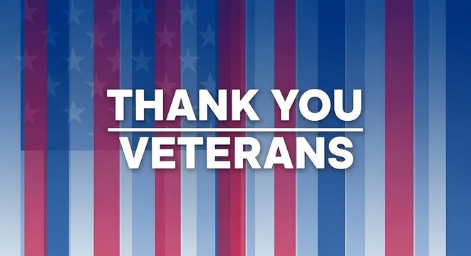 A patriotic display features the words thank you veterans overlaid on a blurred background of the american flag s red white and blue stripes