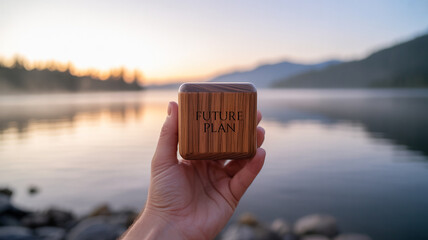 Hand holding wooden block with future plan text near lake at sunset with mountain backdrop