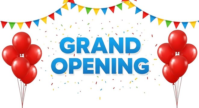 A vibrant grand opening celebration is depicted with colorful pennants bright red balloons and confetti creating a festive atmosphere