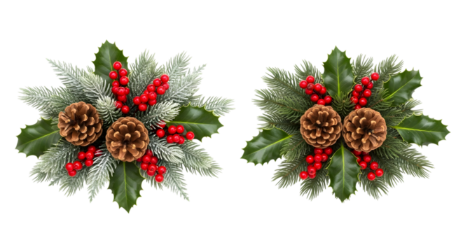 Two christmas floral arrangements with holly, pine cones, red berries, and frosted fir branches