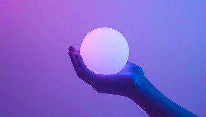 Hand holding a glowing orb against a purple and blue gradient background.