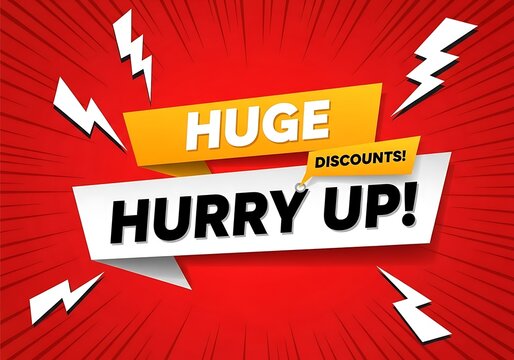 A vibrant red promotional banner announces huge discounts and urges immediate action with bold text and dynamic lightning bolt graphics