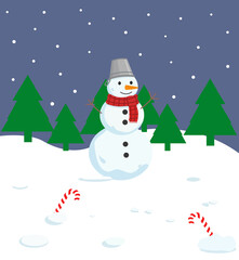 Flat Design Winter Background with Cute Snowman and Christmas Candy Canes