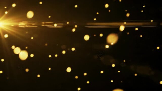mesmerizing volumetric golden light rays with an anamorphic lens flare stream diagonally on a dark abyss, revealing iridescent dust particles in soft focus. deeply atmospheric title sequence concept