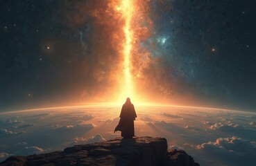 Figure stands on rocky cliff overlooking planet earth clouds. Fiery light beam descends from cosmic sky. Vast space, starry night, celestial event, divine presence, hope.