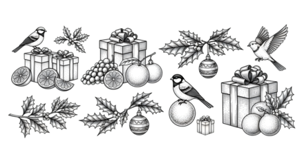 A black and white sketch of christmas elements including gifts, birds, holly, ornaments, and fruit, isolated on a transparent background