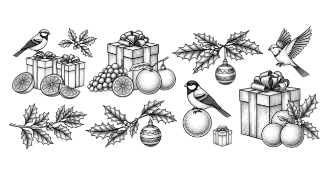 A black and white sketch of christmas elements including gifts, birds, holly, ornaments, and fruit, isolated on a transparent background