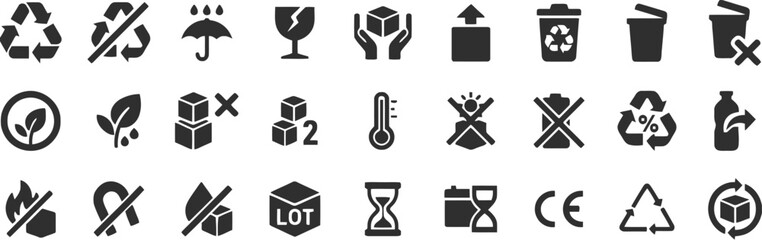 recycling symbol, no symbol, umbrella, fragile, hands holding box, upload, trash can, no trash, eco friendly, leaf, stacked boxes, number 2, thermometer, celebration, battery, no battery, bottle, fire