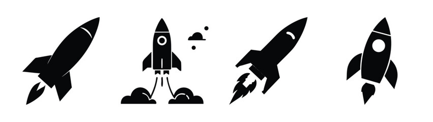 Rocket ship vector illustration set, space shuttle launch, spaceship, spacecraft, exploration, travel