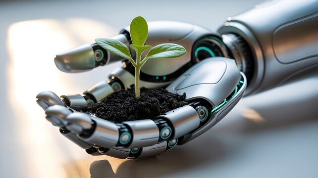 A robotic hand tenderly cradles a growing sprout, symbolizing technology and nature's harmonious potential. - Powered by Adobe