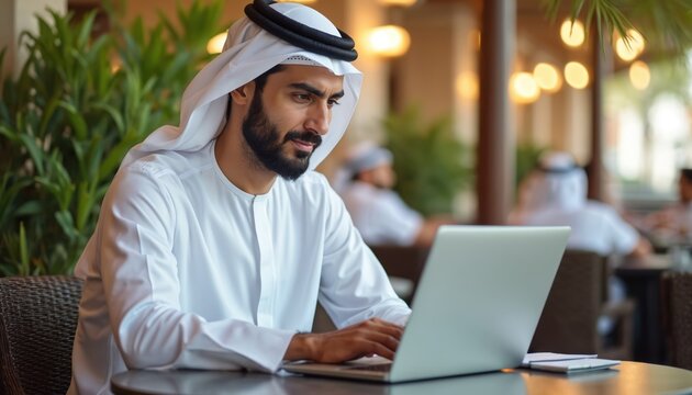 Arabian man works on laptop computer in outdoor cafe. Businessman types on keyboard, uses modern tech device in restaurant. Middle eastern male freelancer working remotely outdoors in city.