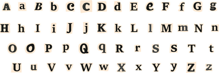 Collage font, cut out anonymous letters, random note style alphabet collection, on transparent background