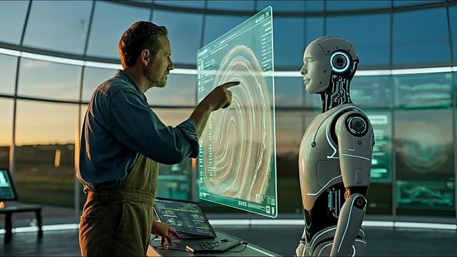 Human and robot interacting with digital interface in futuristic setting.