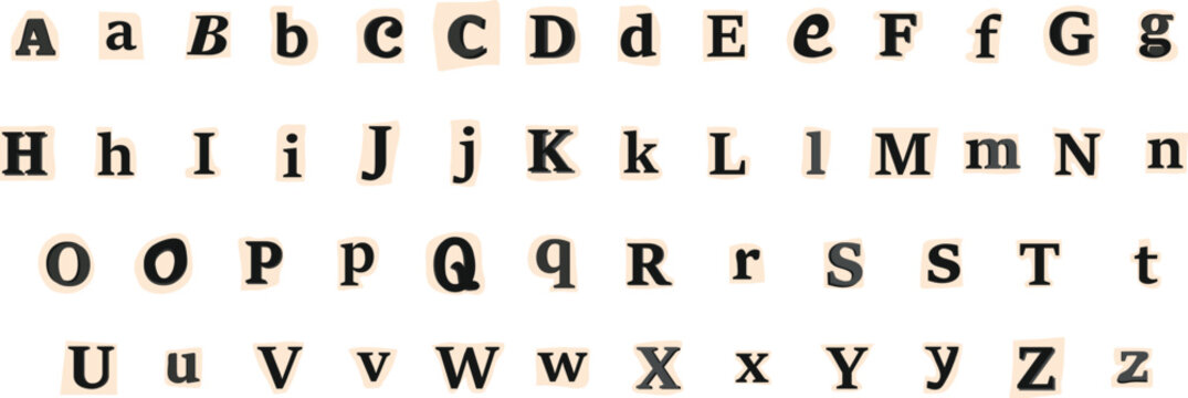Collage font, cut out anonymous letters, random note style alphabet collection, on transparent background