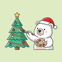 Cute Christmas bear painting with brush and color vector art