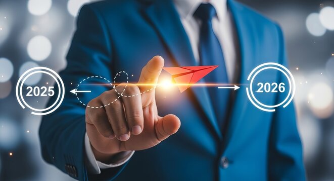 A business professional in a blue suit touches a holographic concept representing time progression from 2025 to 2026.